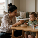 Mama sandalyesinde ilk ek gıdasını deneyen bebek
