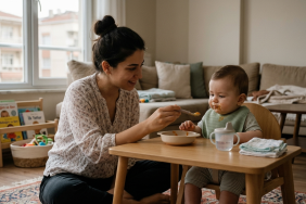 Mama sandalyesinde ilk ek gıdasını deneyen bebek